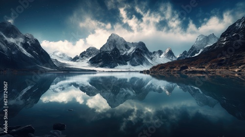  a mountain range is reflected in the still water of a mountain lake under a cloudy sky with stars and clouds.  generative ai © Olga