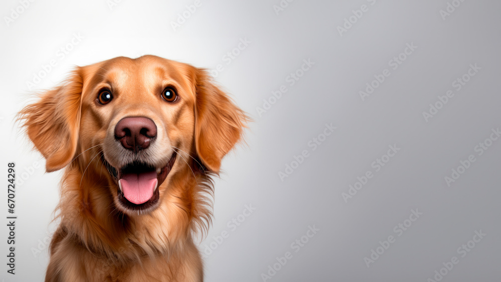 A cute Golden Retriever with a happy playful looka, gainst a neutral grey background with ample copy space A cute Golden Retriever with a happy playful looka, gainst a neutral grey background with ample copy space