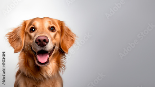 A cute Golden Retriever with a happy playful looka, gainst a neutral grey background with ample copy space © Focalfinder
