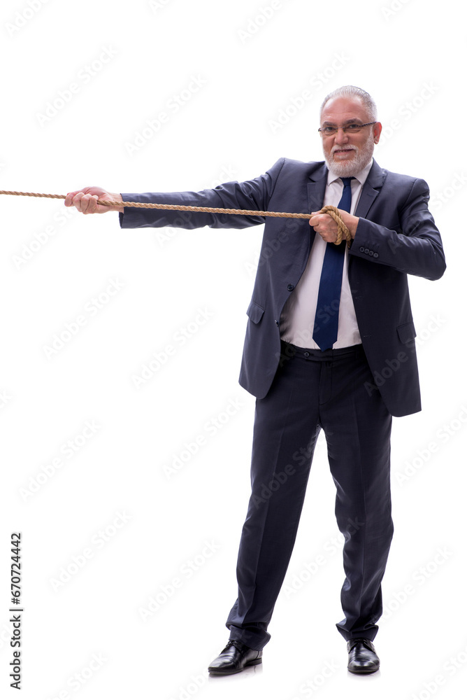 Old businessman with rope isolated on white Old businessman with rope isolated on white