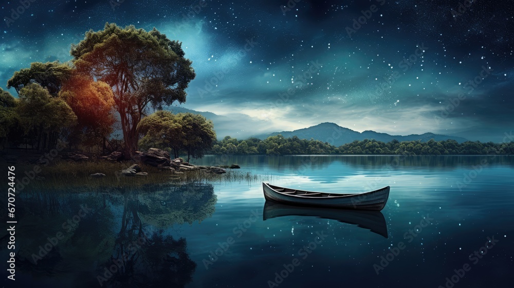 a boat floating on top of a body of water under a night sky filled with ...