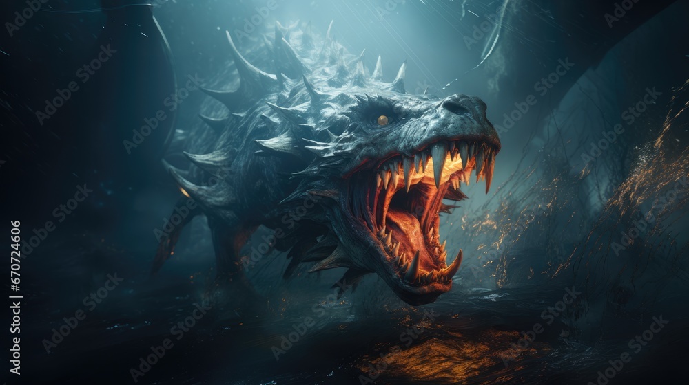 Sea monster open its mouth with teeth, fantasy underwater creature - obrazy, fototapety, plakaty 
