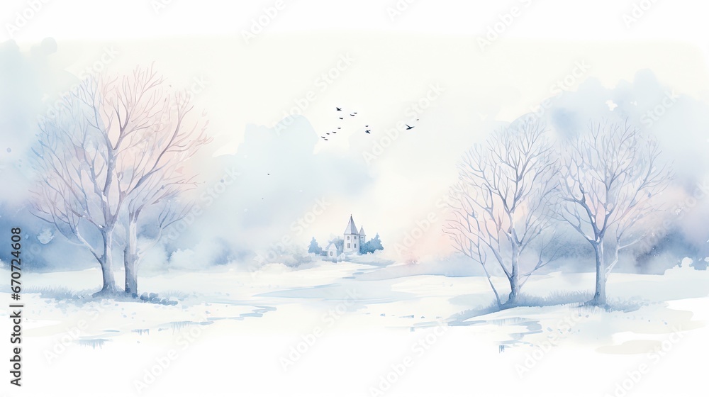 a painting of a snowy landscape with trees and a church in the distance with a bird flying in the sky. generative ai a painting of a snowy landscape with trees and a church in the distance with a bird flying in the sky. generative ai