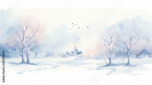  a painting of a snowy landscape with trees and a church in the distance with a bird flying in the sky. generative ai