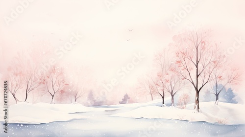  a painting of a snowy landscape with trees and a stream in the foreground and a pink sky in the background. generative ai