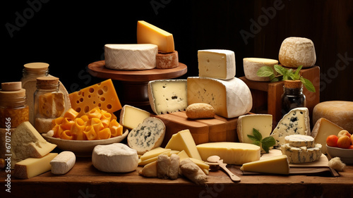 set of different cheeses on wooden background.