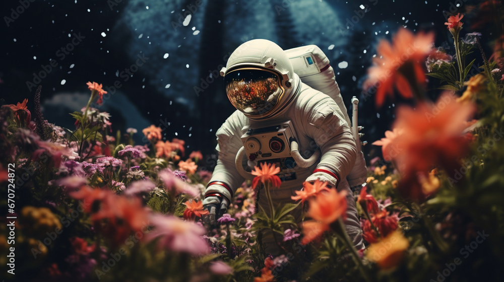 astronaut in spacesuit. man in the field of flowers in astronaut spacesuit.