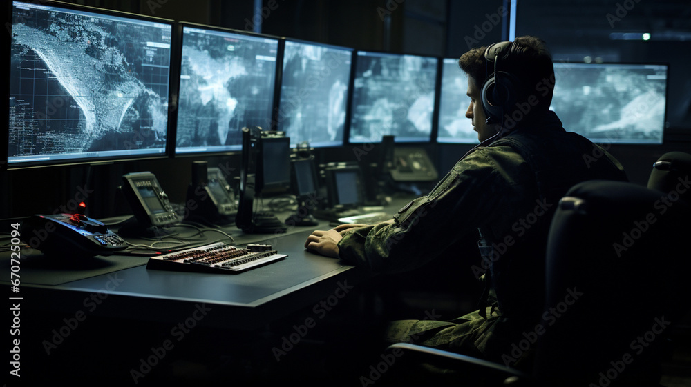 Airport worker sitting in front of computers