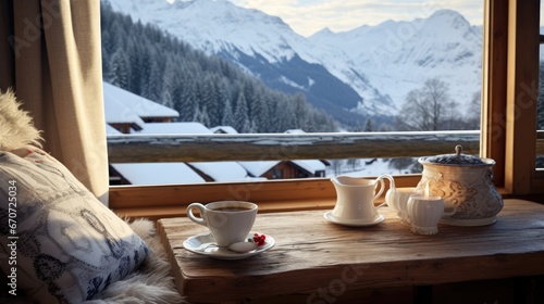  a wooden table topped with a cup of coffee next to a window with a view of a snowy mountain range.  generative ai photo