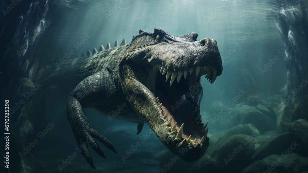 Huge prehistoric alligator underwater - obrazy, fototapety, plakaty 
