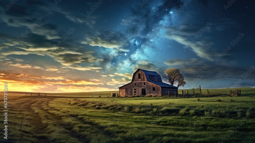 a barn in the middle of a grassy field under a night sky filled with stars and a star filled sky. generative ai a barn in the middle of a grassy field under a night sky filled with stars and a star filled sky. generative ai