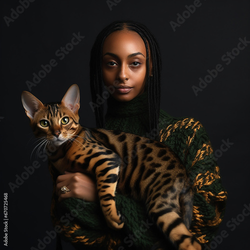 Beautiful black ethnic woman holds bengal cat in her arms, woman and cat look alike, owner and pet are similar  photo