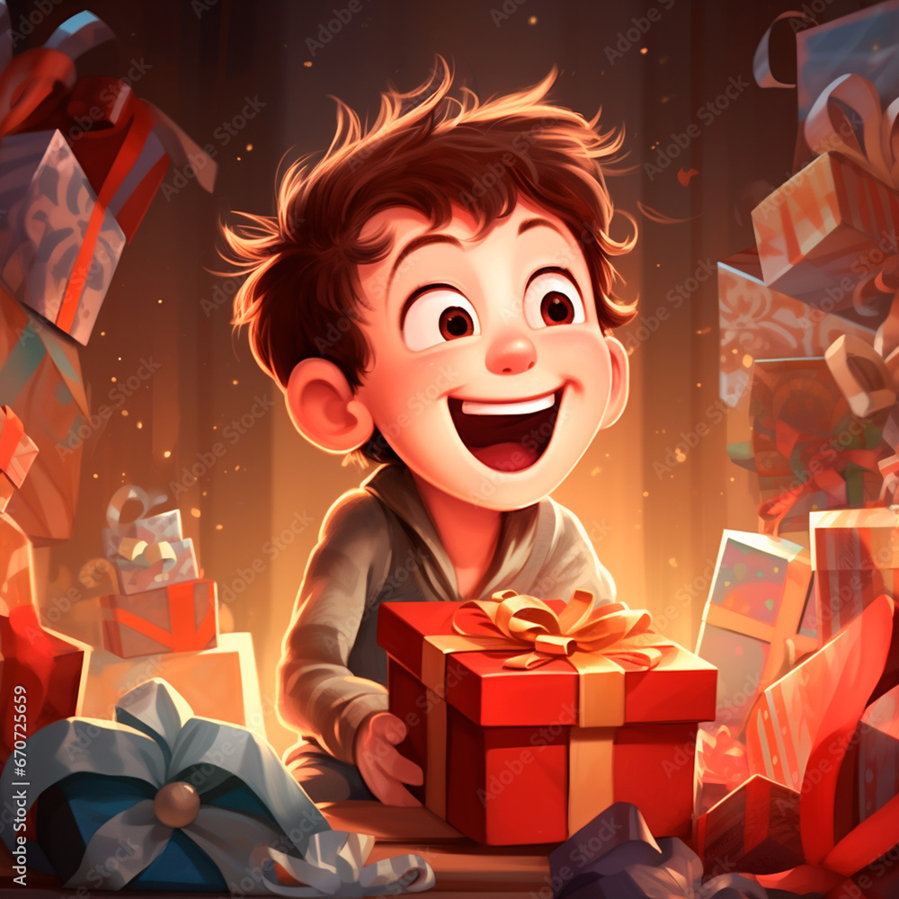 excited child with lots of presents, opening merry christmas presents