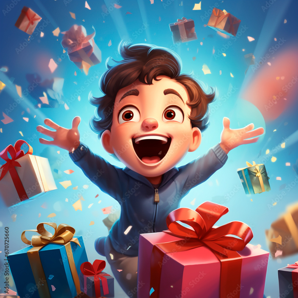 excited child opening lots of Christmas presents