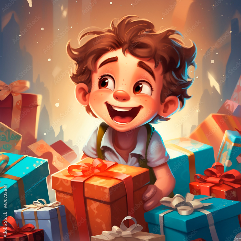 happy child with lots of presents, opening christmas presents in excitement