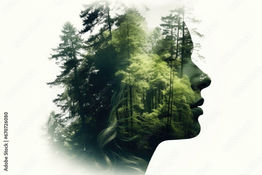 Double exposure of a young beautiful girl among a green forest. Portrait of a woman in profile, creativity, art, conceptual illustration. Isolated on white background