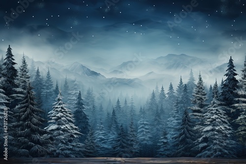 Winter landscape with snowy fir trees and mountains at night. 