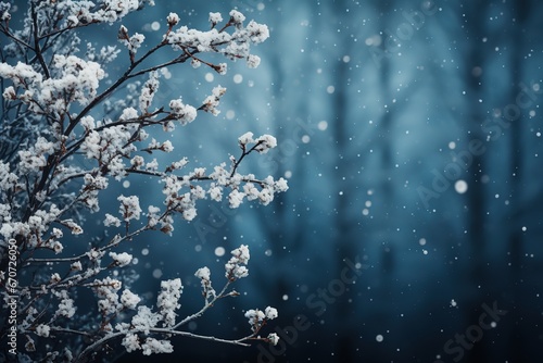Winter background with snowflakes and branches of a tree in the forest