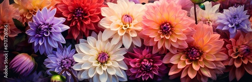 A Captivating Display of Colorful Dahlia Mix Blooms Adorned with Rain Drops in the Tranquil Setting of a Rustic Garden against the Enchanting Sunset Background  Mix blooms with rain drops  in rustic g