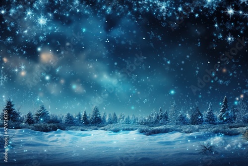 Winter landscape with snowy fir trees and falling snowflakes at night