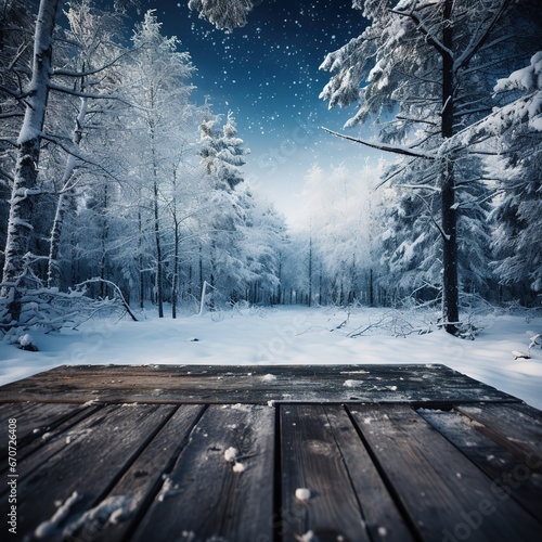 Winter landscape with snow covered trees and wooden podium floor. Christmas background. © Liudmila