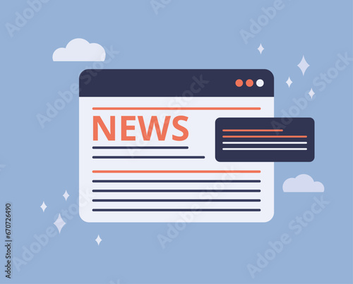 A dialog box with a web page on which the text of the news is placed. Access to current news via the Internet and the convenience of receiving information from various sources. Vector illustration