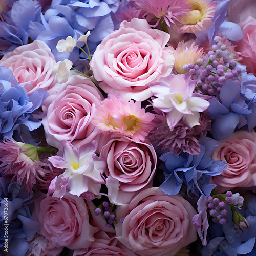 Valentine day gift and greeting card and pastel pink  and purple  bouquet of roses and  spring blue flowers on light background. Celebration concept.
