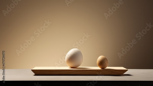  a couple of eggs sitting on top of a cutting board next to a white egg on top of a wooden board.  generative ai