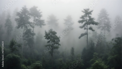 The eerie beauty of a dense fog enveloping a forest, without showing the trees. Generative AI