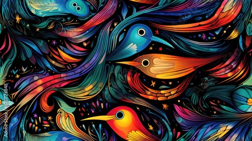  a colorful painting of birds flying in the sky with stars and swirls on the wings of the bird's feathers. generative ai