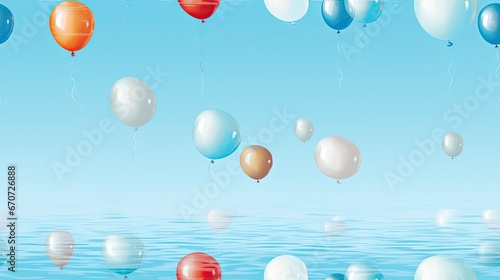  a bunch of balloons floating in the air over a body of water with a blue sky in the back ground.  generative ai