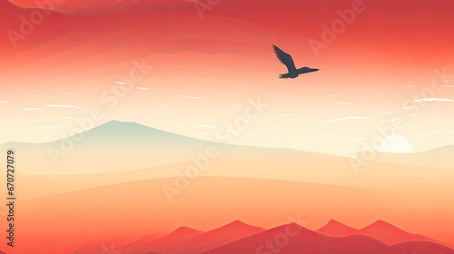  a bird flying over a mountain range with a sunset in the background and a bird flying over the mountain range with a sunset in the foreground. generative ai