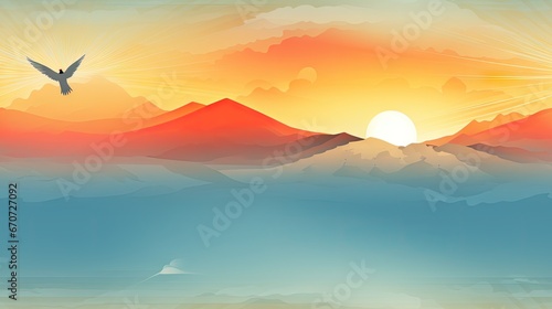  a painting of a sunset with a bird flying over a mountain range and a bird flying over the mountain range. generative ai © Olga