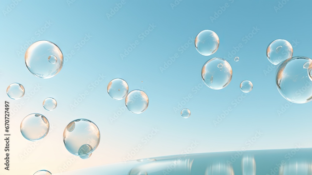  a bunch of bubbles floating in the air on a blue and white background with a blue sky in the background.  generative ai