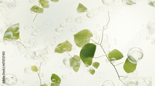  a bunch of bubbles floating over a plant with a green leaf in the middle of the bubbles on the left side of the picture. generative ai