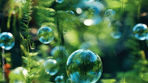  a close up of a bunch of bubbles on a green leafy plant with a blue sky in the background.  generative ai