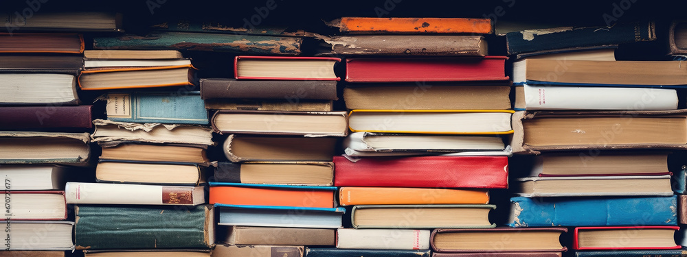 Stack of old multicoloured books forming a textured pattern Stack of old multicoloured books forming a textured pattern