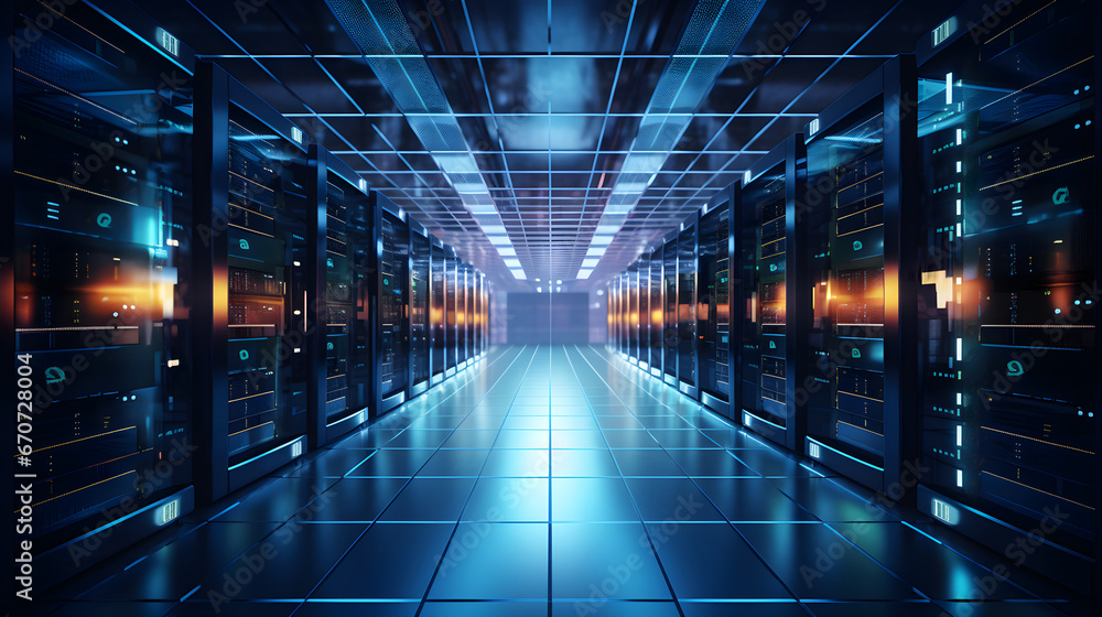 Shot of Data Center With Multiple Rows of Fully Operational Server Racks. Modern Telecommunications, Cloud Computing, Artificial Intelligence, Database, Super Computer Technology Concept. Shot of Data Center With Multiple Rows of Fully Operational Server Racks. Modern Telecommunications, Cloud Computing, Artificial Intelligence, Database, Super Computer Technology Concept.