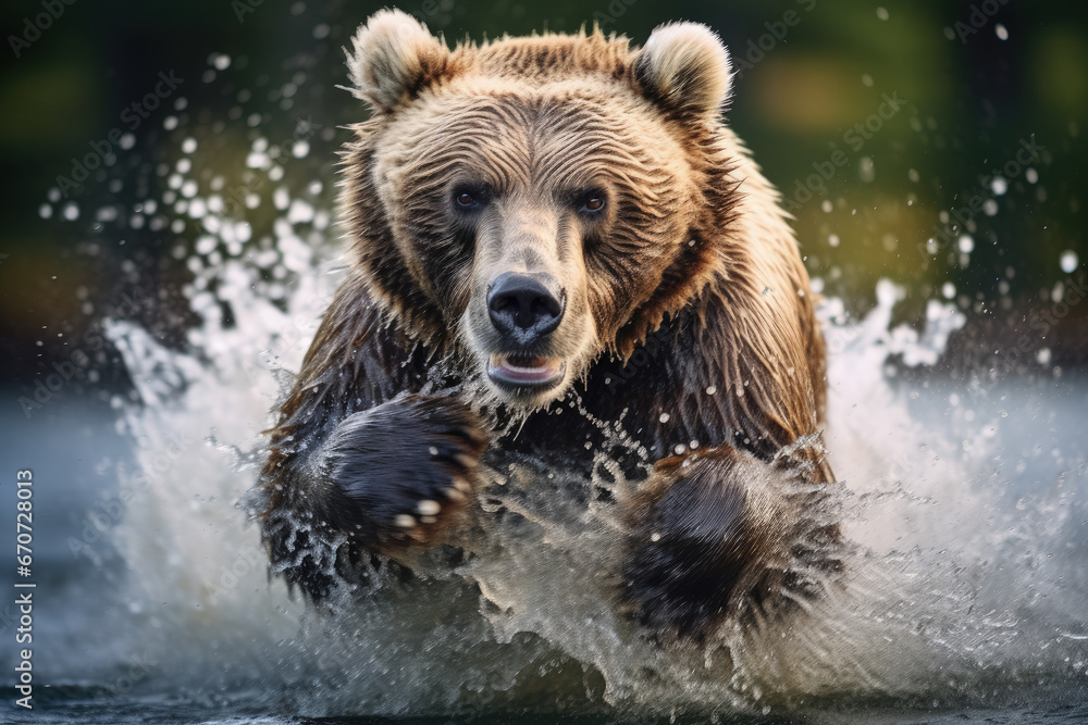 Grizzly bear charging through river. Grizzly bear charging through river.