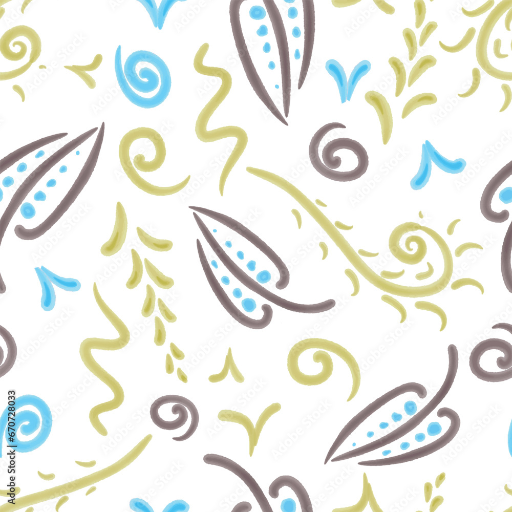 Seamless background of watercolor doodle sketches of various abstract decorative design elements
