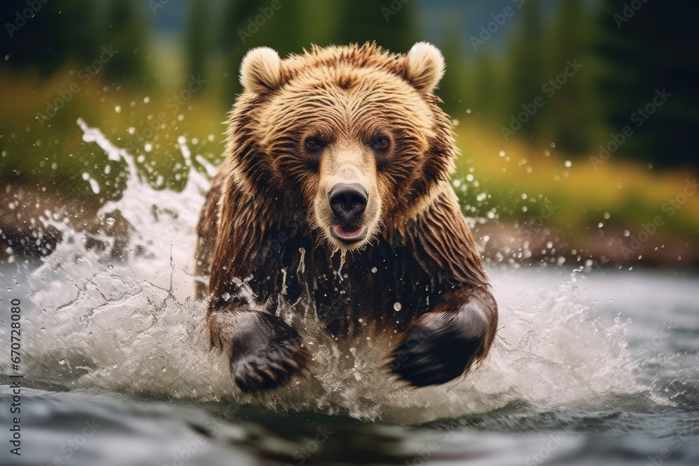 Obraz premium Grizzly bear charging through river.