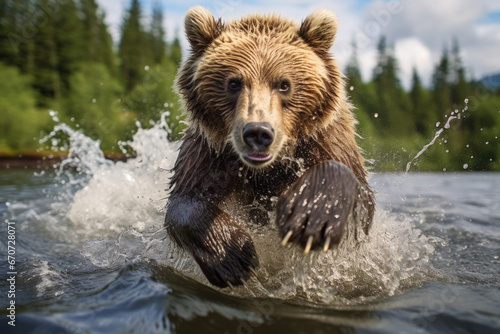 Brown bear charging through river. © David