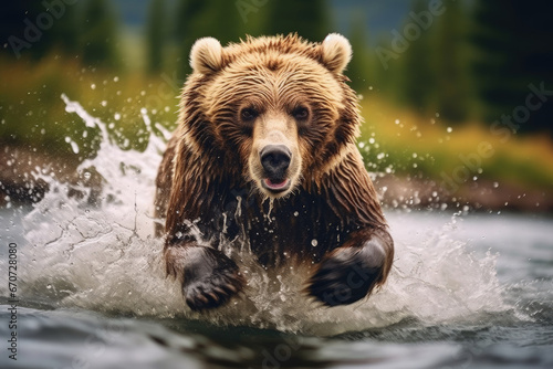 Grizzly bear charging through river.
