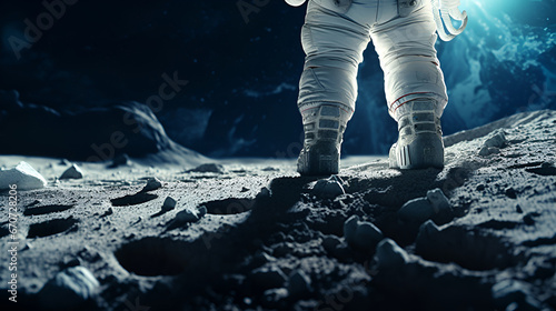 The astronaut's feet stand on the surface of the moon, rear view. Against the backdrop of a lunar landscape and a view of planet earth in space with copy space photo