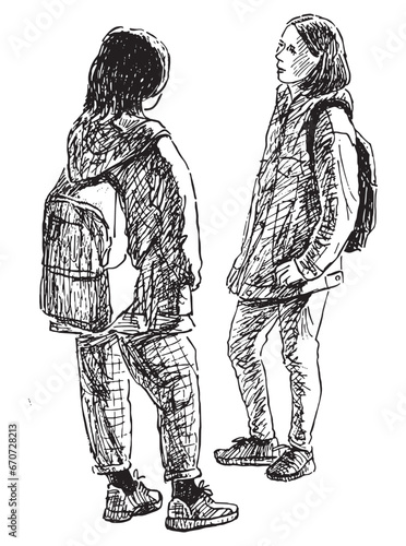 Sketch of two students girls standing and talking outdoors
