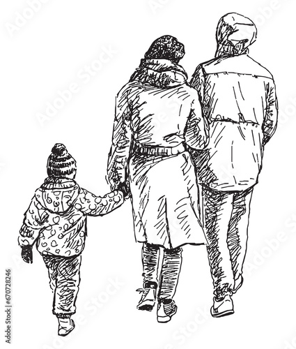 Outline drawing of young family casual citizens with little child walking outdoors