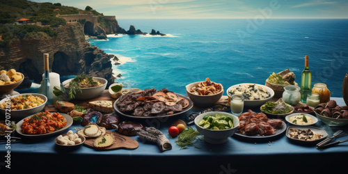 Mediterranean spread of food, including pasta, salad, bottles of wine, fruit, and ice cream with the Mediterranean ocean in the background photo