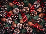 Pine cones and red berries. Background. Christmas mood.