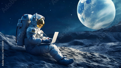 An astronaut sits on the surface of the moon and uses his laptop against the backdrop of a space landscape with planets and stars with copy space.