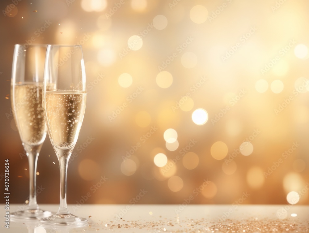 Two glasses of champagne. Gold background with a gentle shimmer, creating a sophisticated and elegant mood. Two glasses of champagne. Gold background with a gentle shimmer, creating a sophisticated and elegant mood.